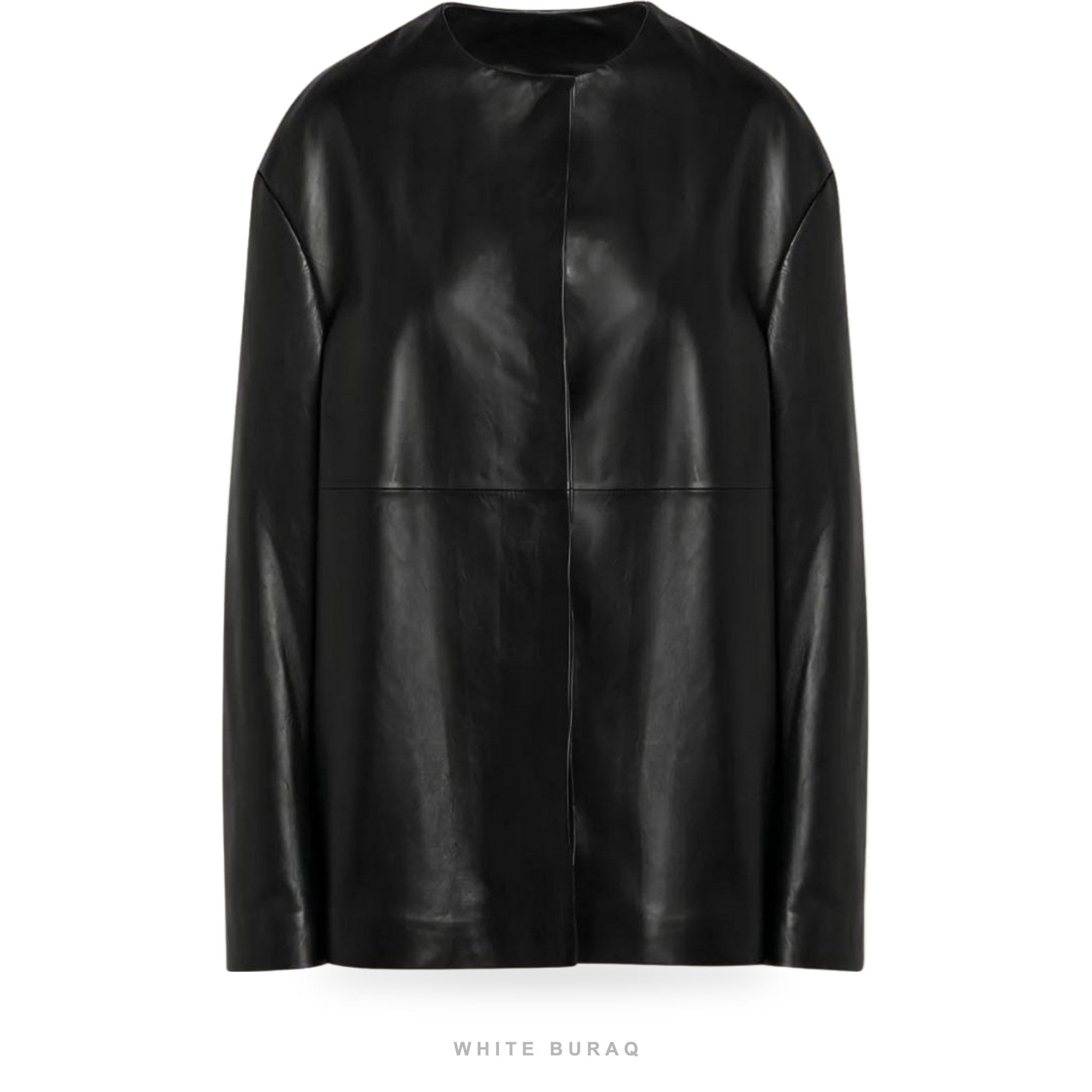 Women's Black Lambskin Crew-Neck Minimal Coat – view 3