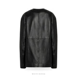 Women's Black Lambskin Crew-Neck Minimal Coat – view 4