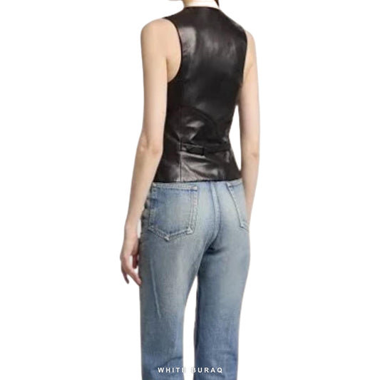 Women's Black Sheepskin Deep-V Slim Vest – view 2
