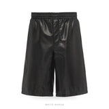 Men's Black Sheepskin Elastic-Waist Leather Shorts