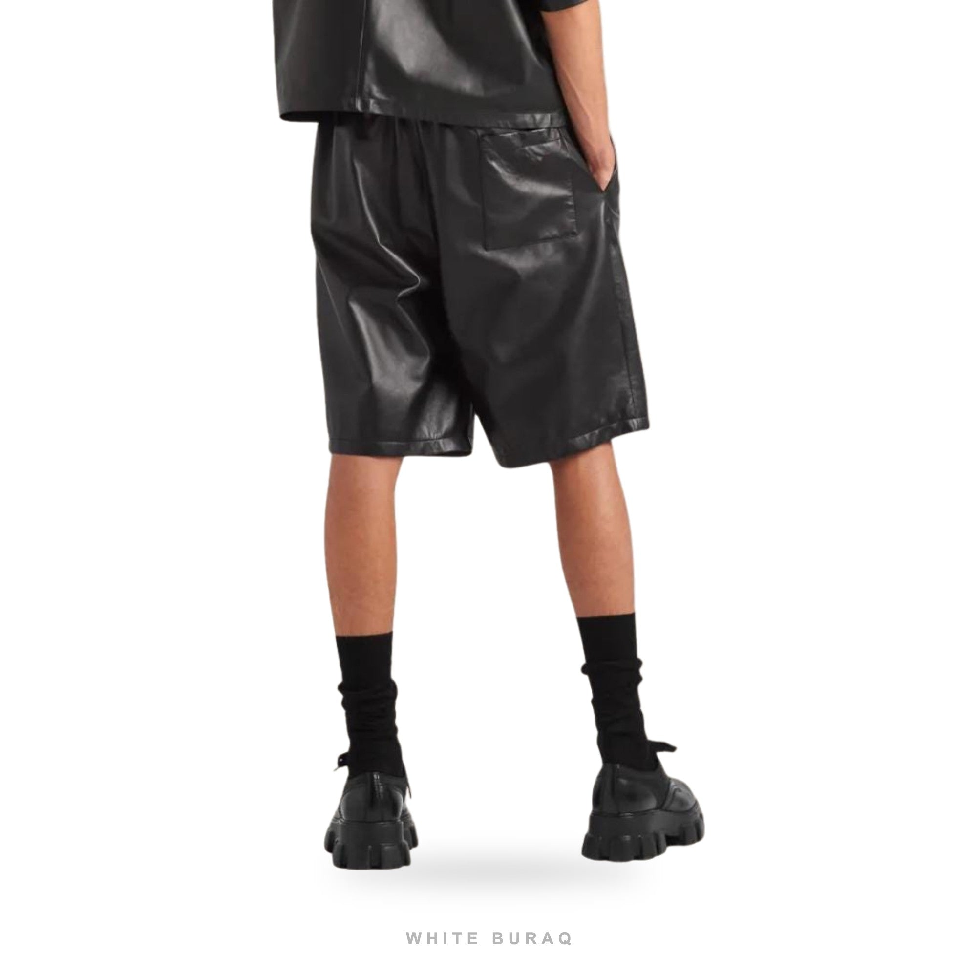 Men's Black Sheepskin Elastic-Waist Leather Shorts – view 2