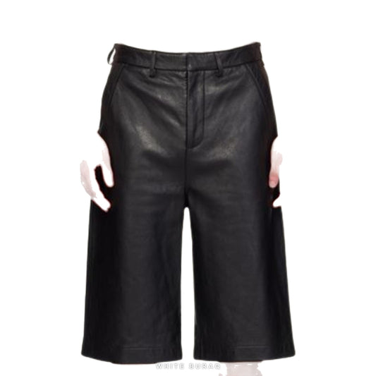 Men's Black Leather Knee-Length Biker Shorts