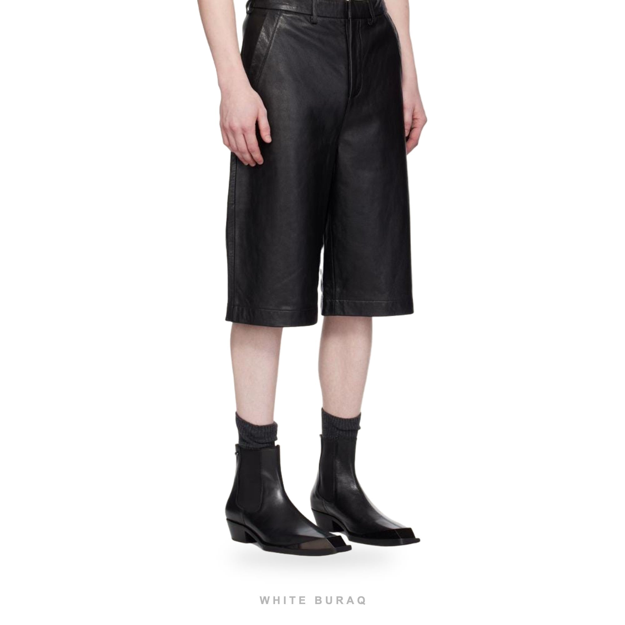 Men's Black Leather Knee-Length Biker Shorts – view 3