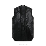 Men's Black Leather Longline Button Vest