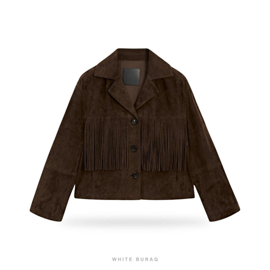 Women's Brown Suede Cropped Fringe Jacket
