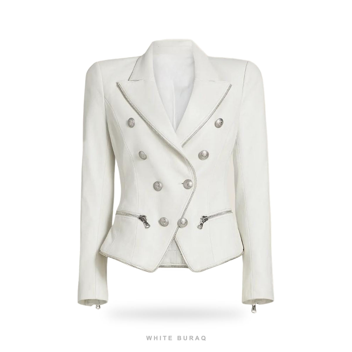 Women's White Sheepskin Moto Blazer with Silver Zips
