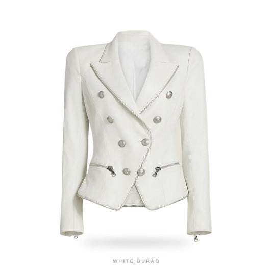 Women's White Sheepskin Moto Blazer with Silver Zips