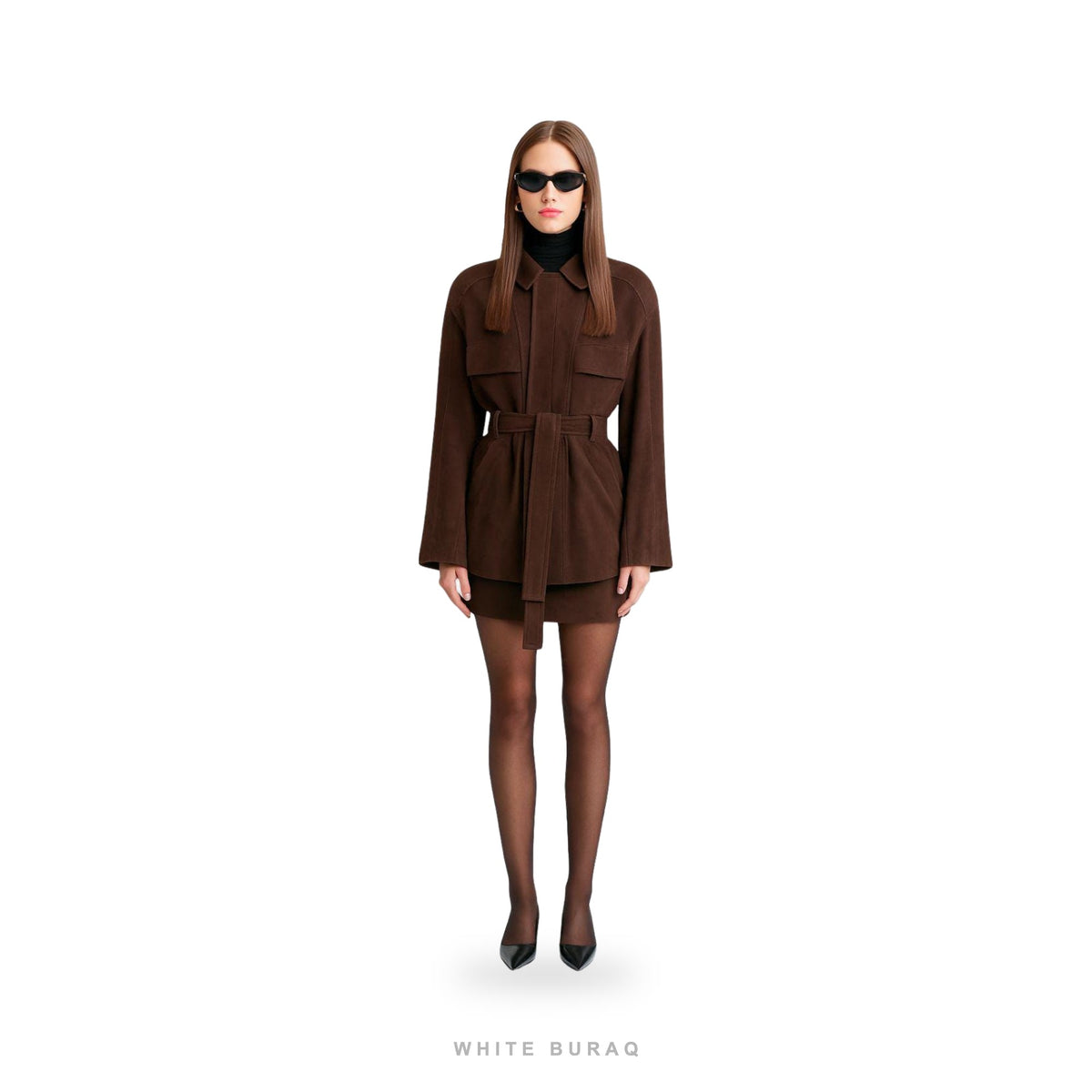 Women's Dark Brown Suede Belted Utility Shirt Jacket