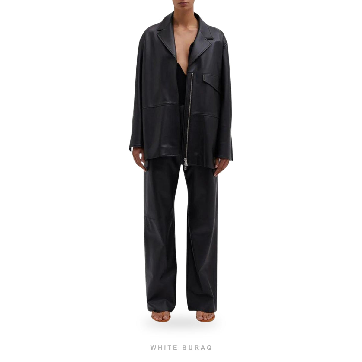 Women's Black Leather Oversized Moto Blazer