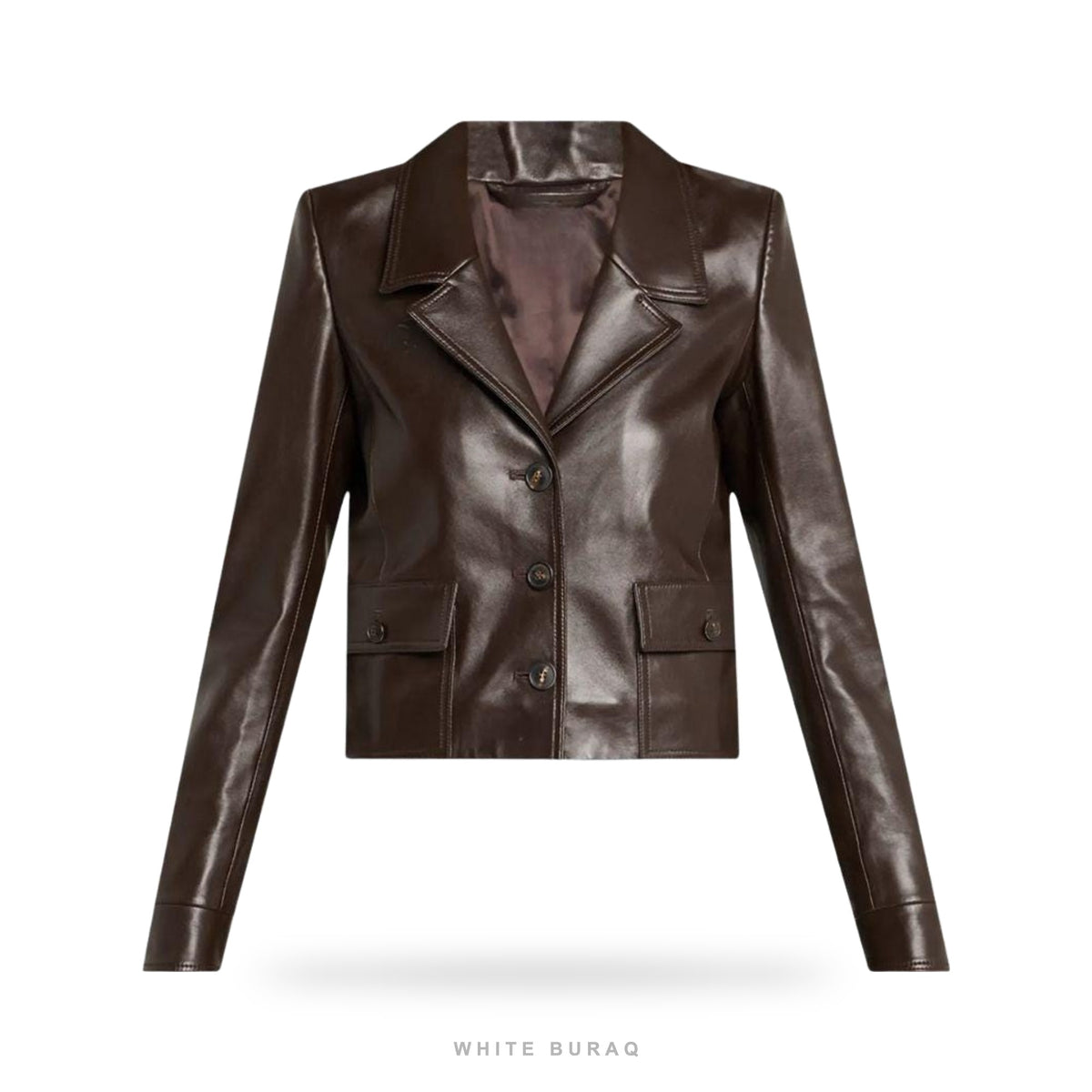 Women's Dark Brown Leather Cropped Button-Up Blazer