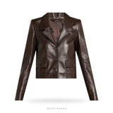 Women's Dark Brown Leather Cropped Button-Up Blazer