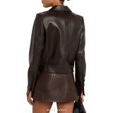 Women's Dark Brown Leather Cropped Button-Up Blazer – view 2