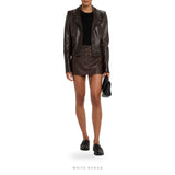 Women's Dark Brown Leather Cropped Button-Up Blazer – view 3