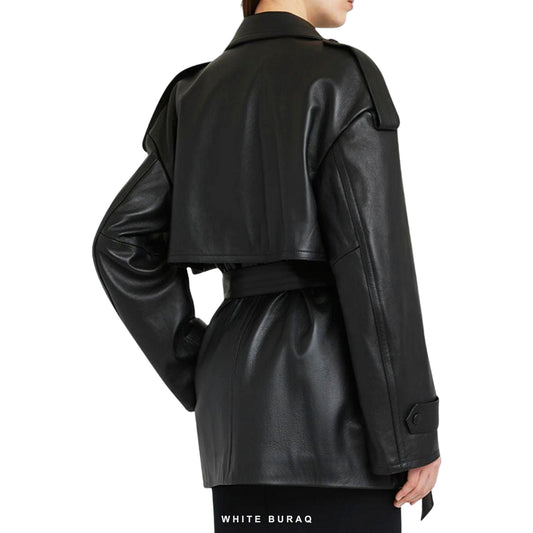 Women's Black Leather Belted Longline Trench – view 2