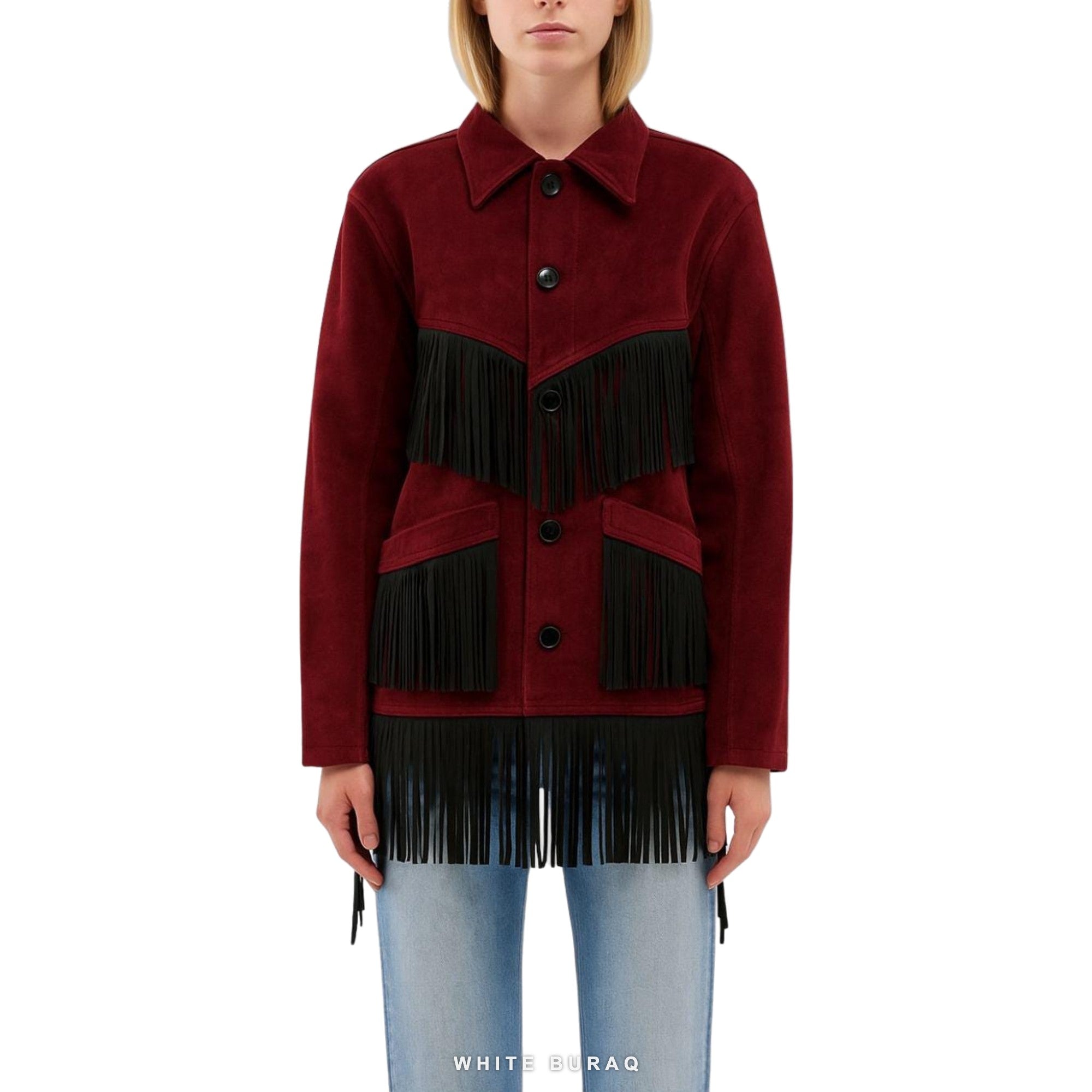 Women's Burgundy Suede Western Jacket with Black Fringe