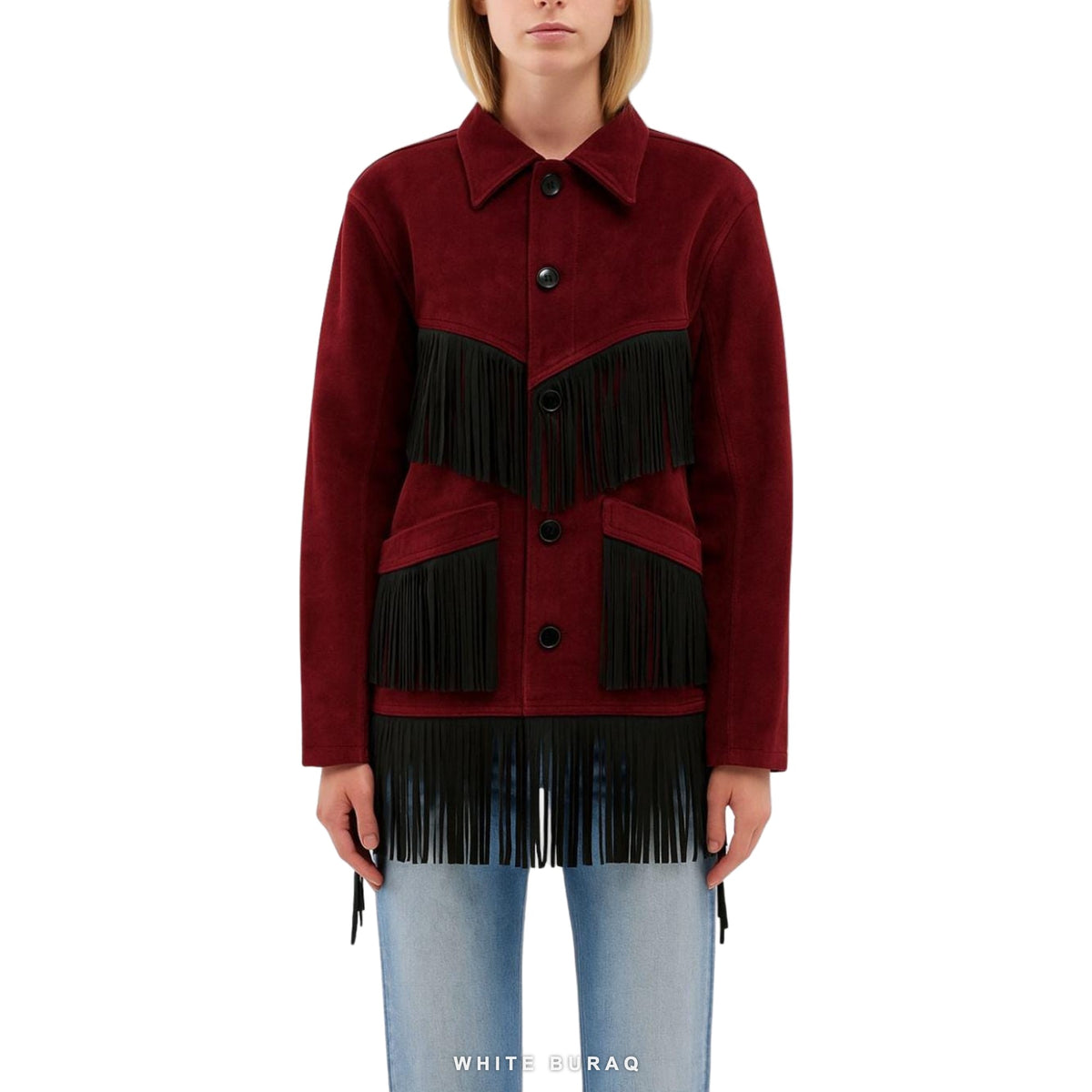 Women's Burgundy Suede Western Jacket with Black Fringe