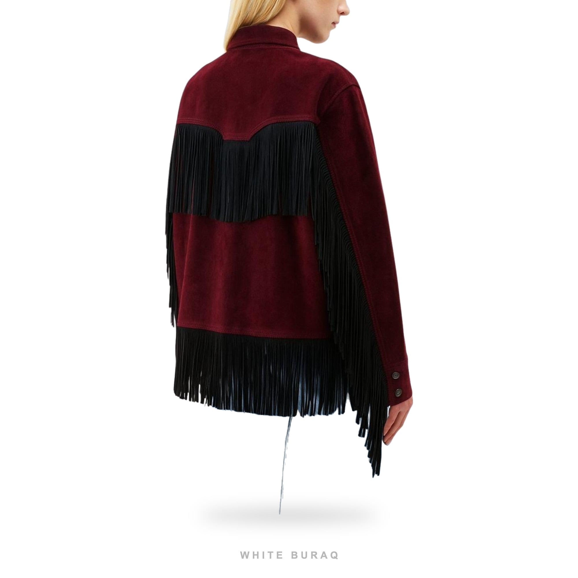 Women's Burgundy Suede Western Jacket with Black Fringe – view 2