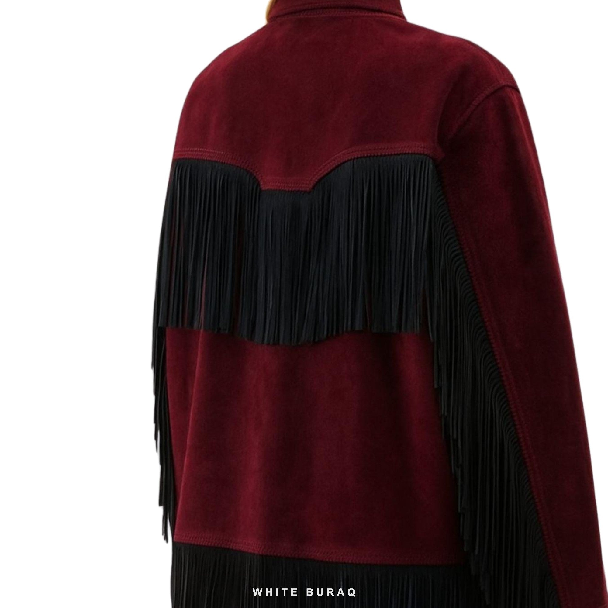 Women's Burgundy Suede Western Jacket with Black Fringe – view 4