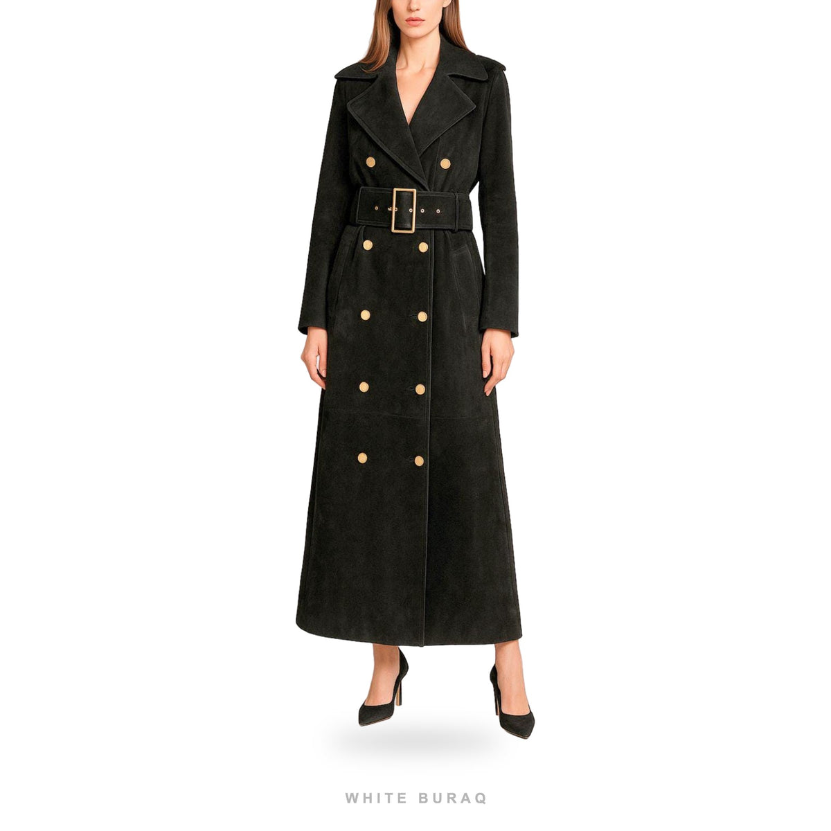Women's Black Suede Military Belted Trench Coat