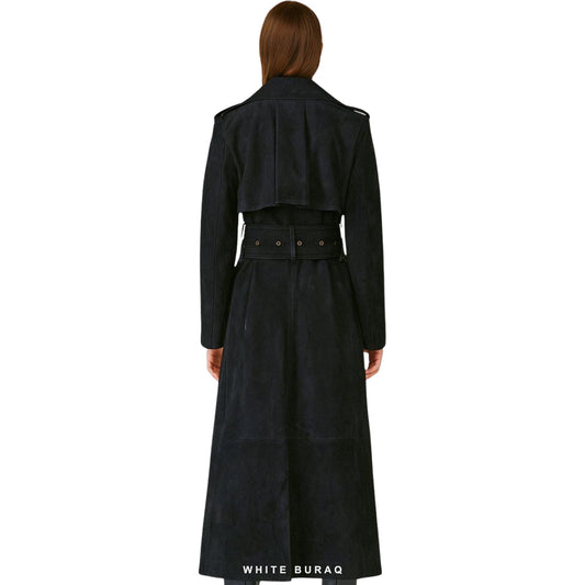 Women's Black Suede Military Belted Trench Coat – view 2