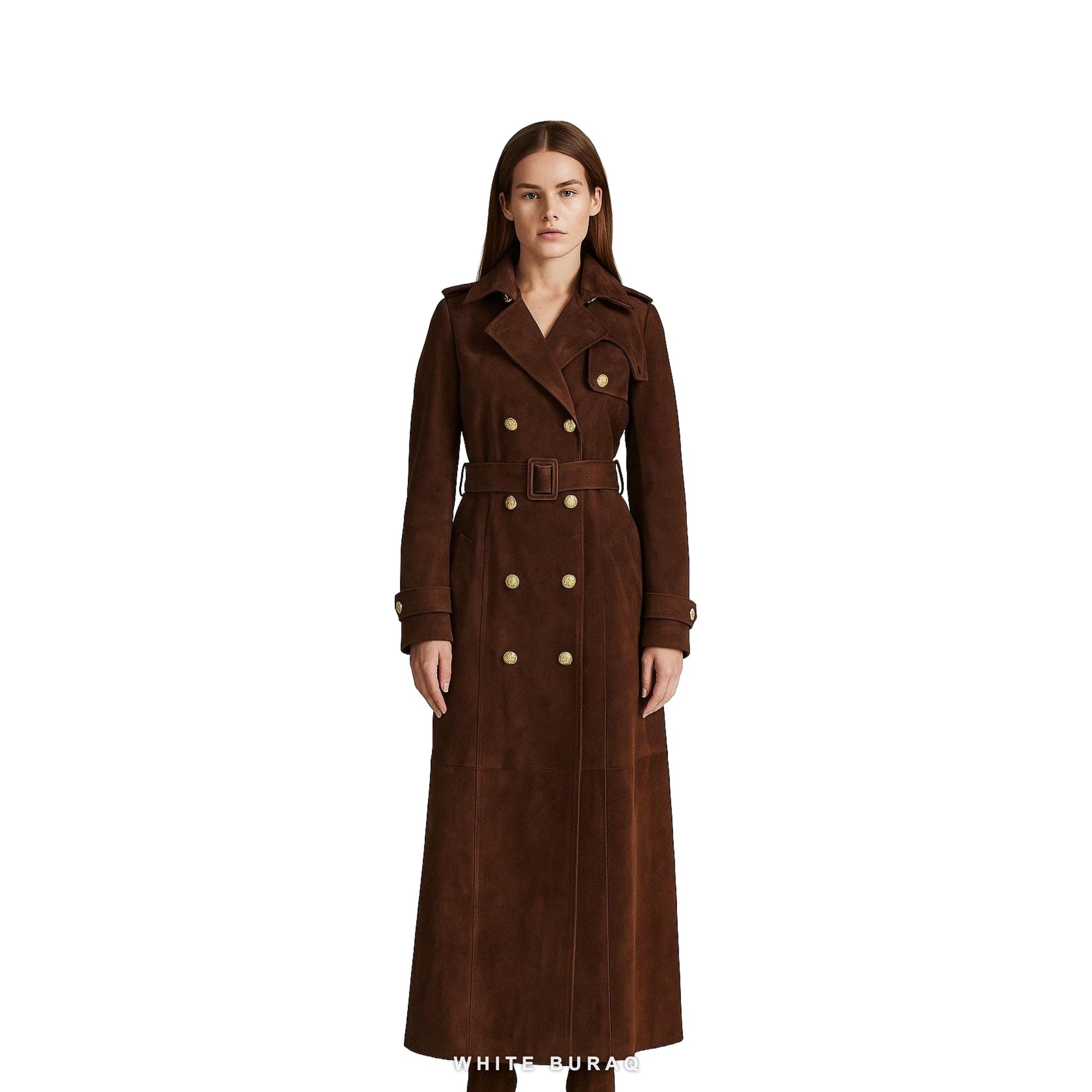 Women's Dark Brown Suede Gold-Button Double-Breasted Trench