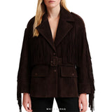 Women's Dark Brown Suede Belted Fringe Jacket