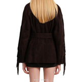 Women's Dark Brown Suede Belted Fringe Jacket – view 2