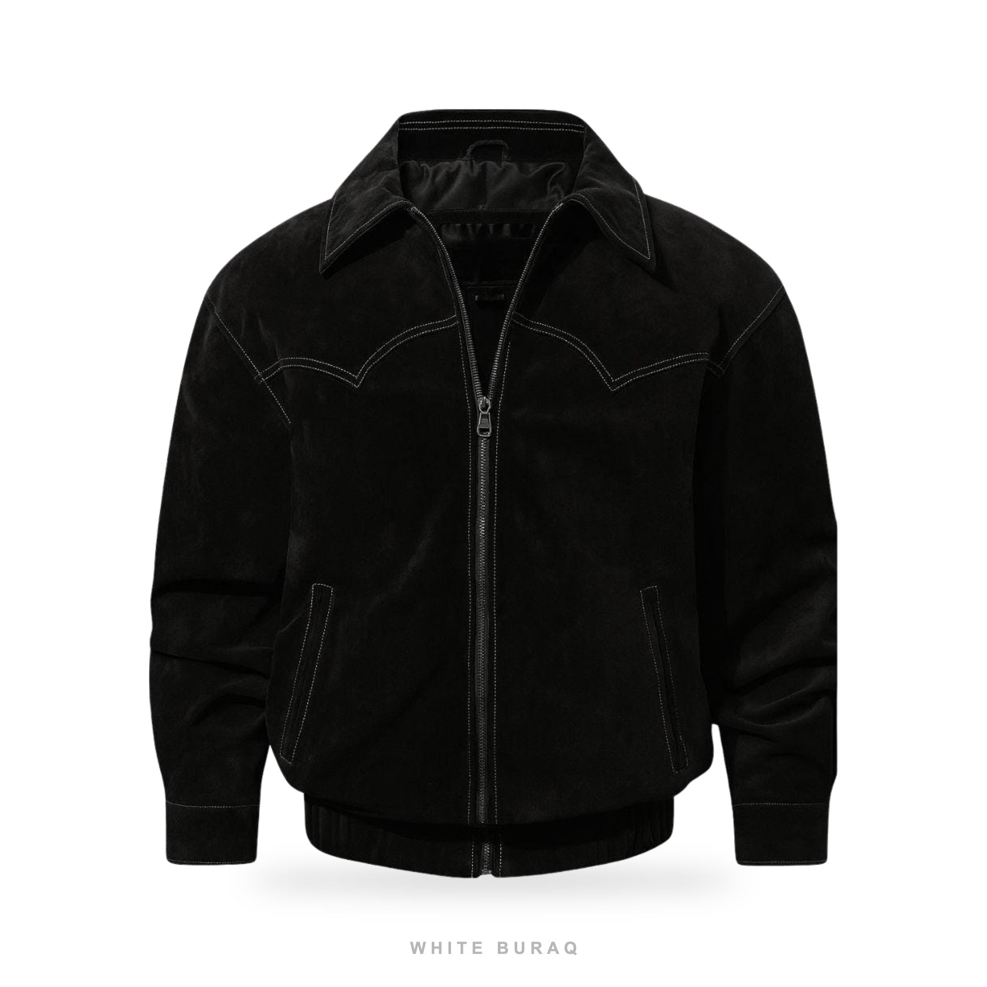 Men's Black Suede Western-Stitch Bomber Jacket