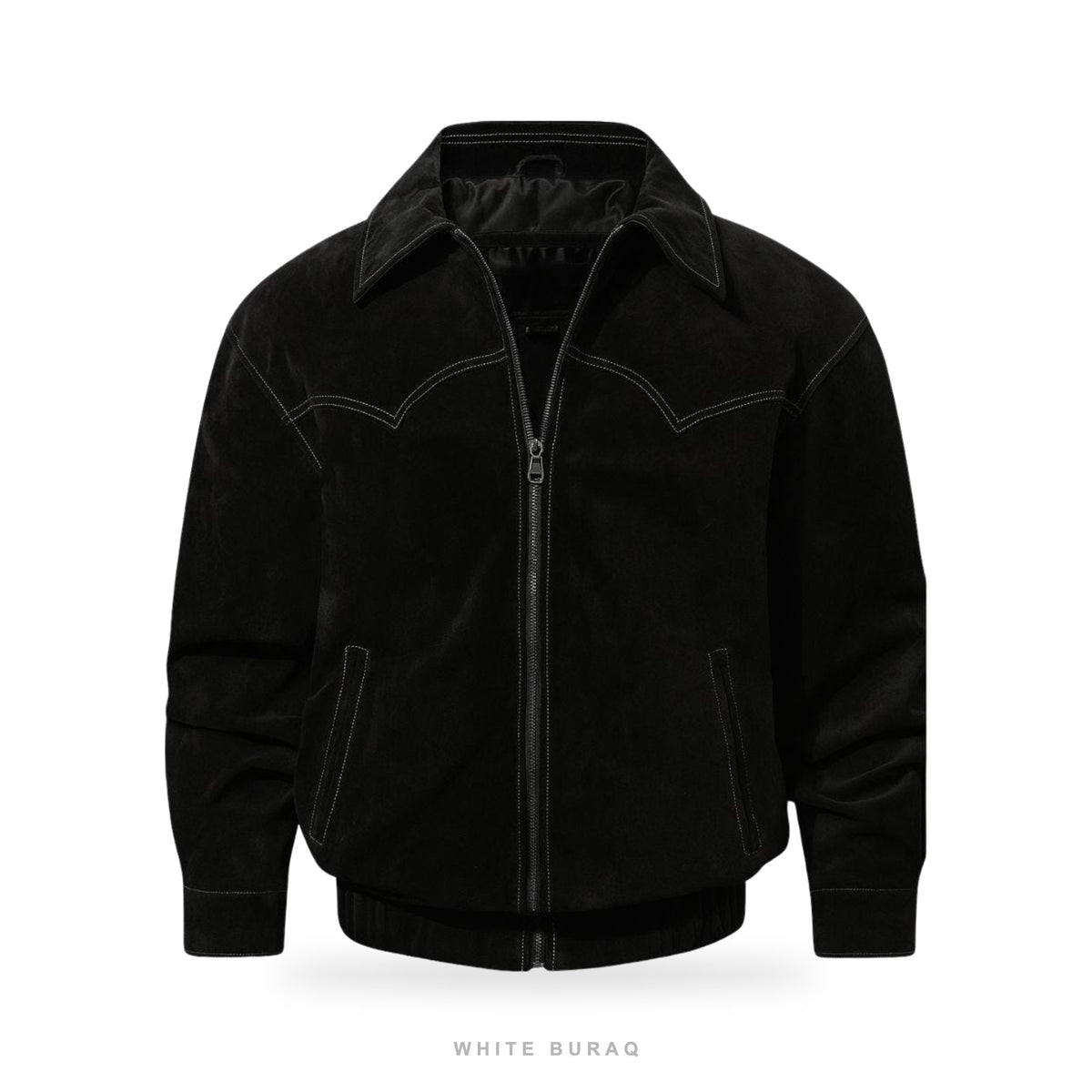 Men's Black Suede Western-Stitch Bomber Jacket