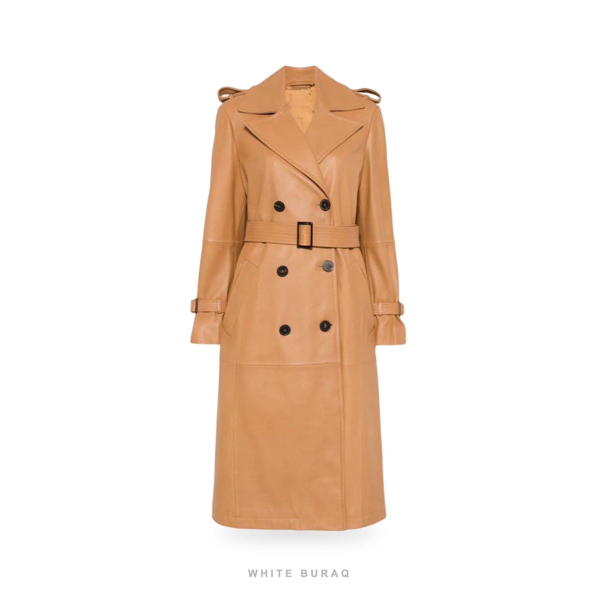 Women's Caramel Sheepskin Leather Double-Breasted Trench Coat – view 3