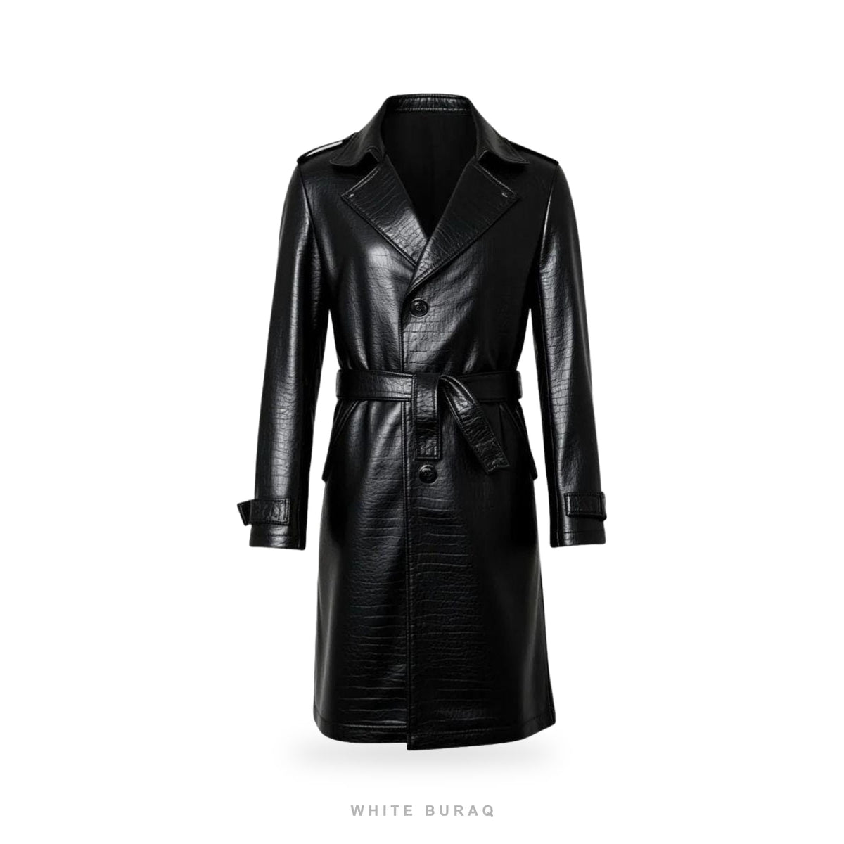 Men's Black Croc-Embossed Sheepskin Belted Trench Coat