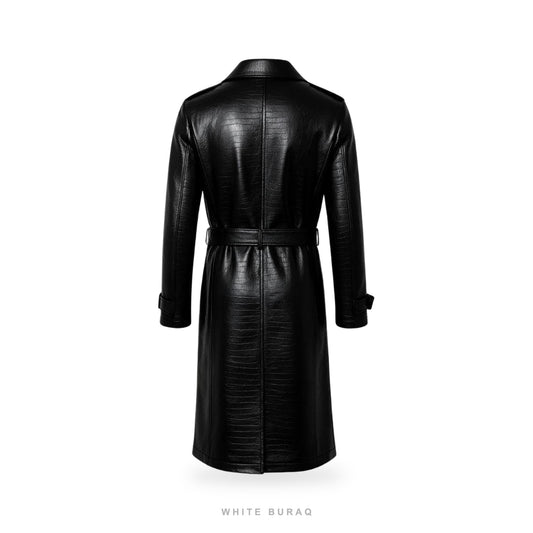 Men's Black Croc-Embossed Sheepskin Belted Trench Coat – view 2