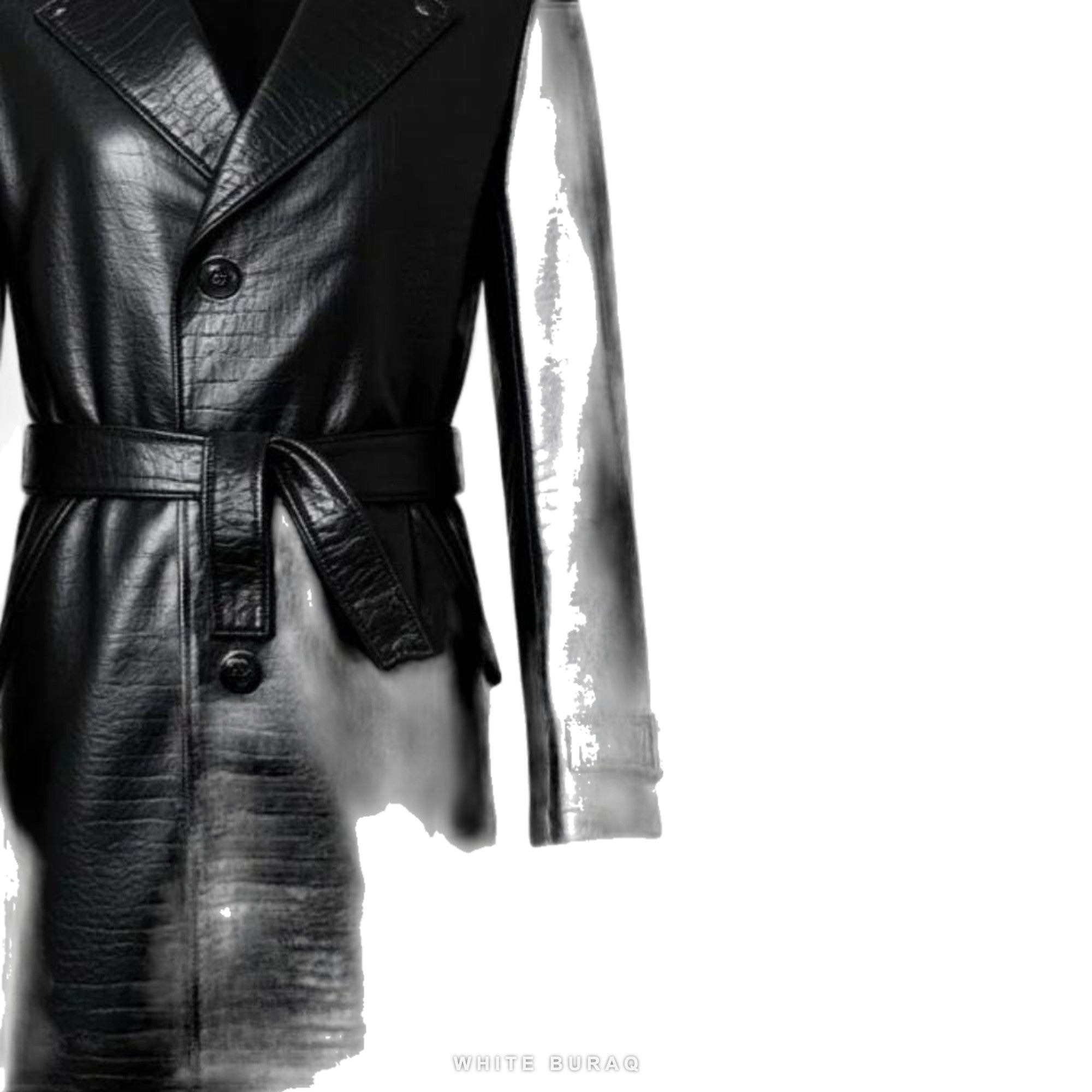 Men's Black Croc-Embossed Sheepskin Belted Trench Coat – view 3