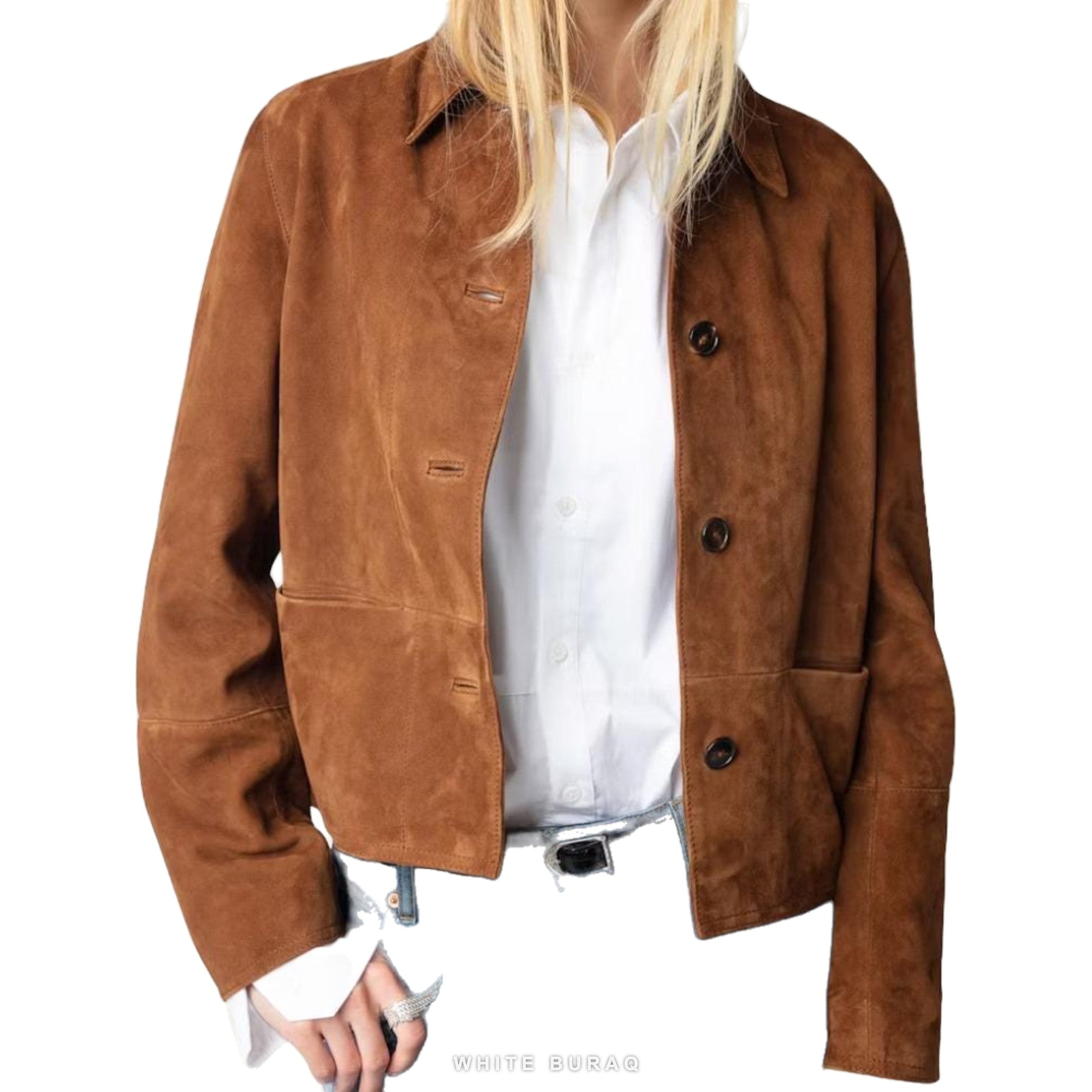 Women's Brown Sheepskin Suede Button Jacket – view 3