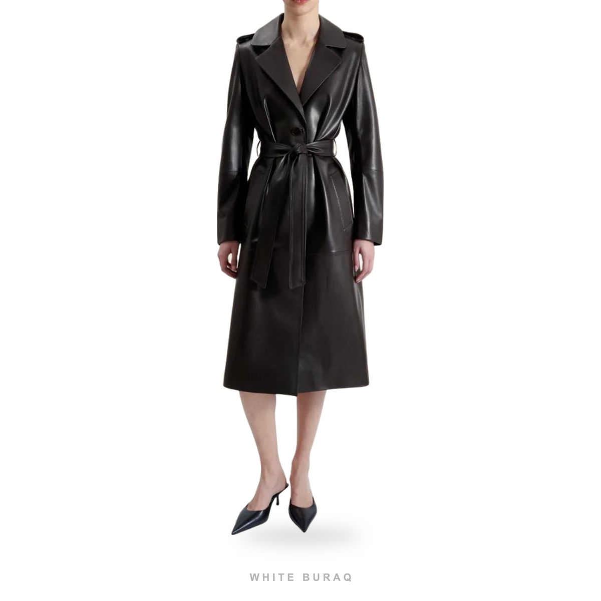 Women's Black Sheepskin Belted Long Trench