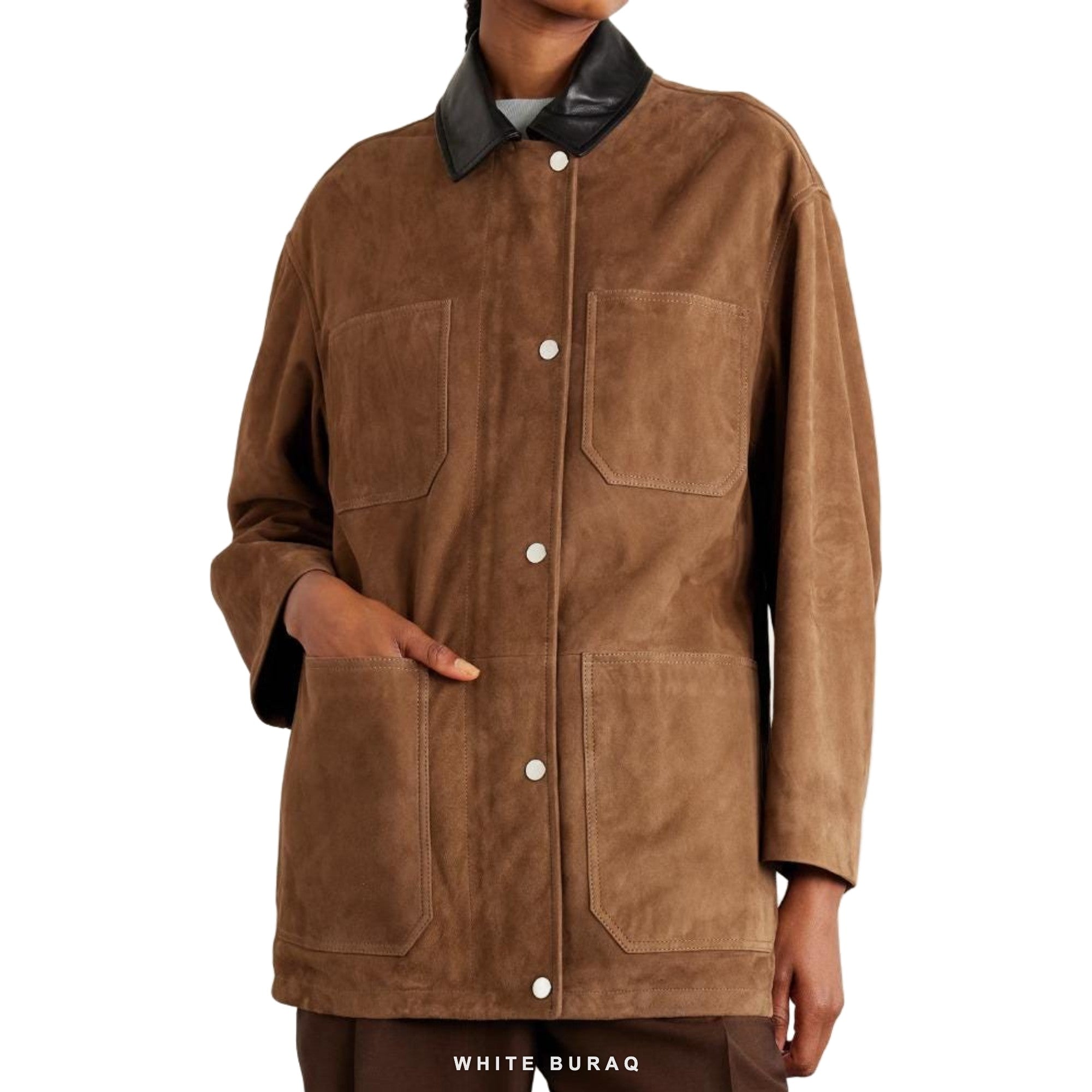 Women's Brown Suede Overshirt Jacket with Leather Collar – view 3