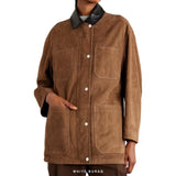 Women's Brown Suede Overshirt Jacket with Leather Collar – view 3