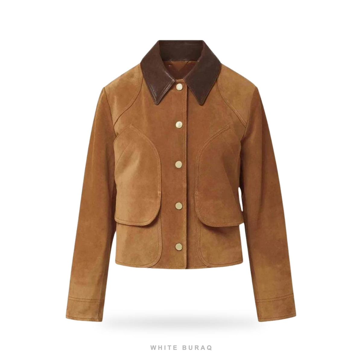 Women's Brown Sheepskin Suede Cropped Jacket with Leather Collar