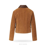 Women's Brown Sheepskin Suede Cropped Jacket with Leather Collar – view 4