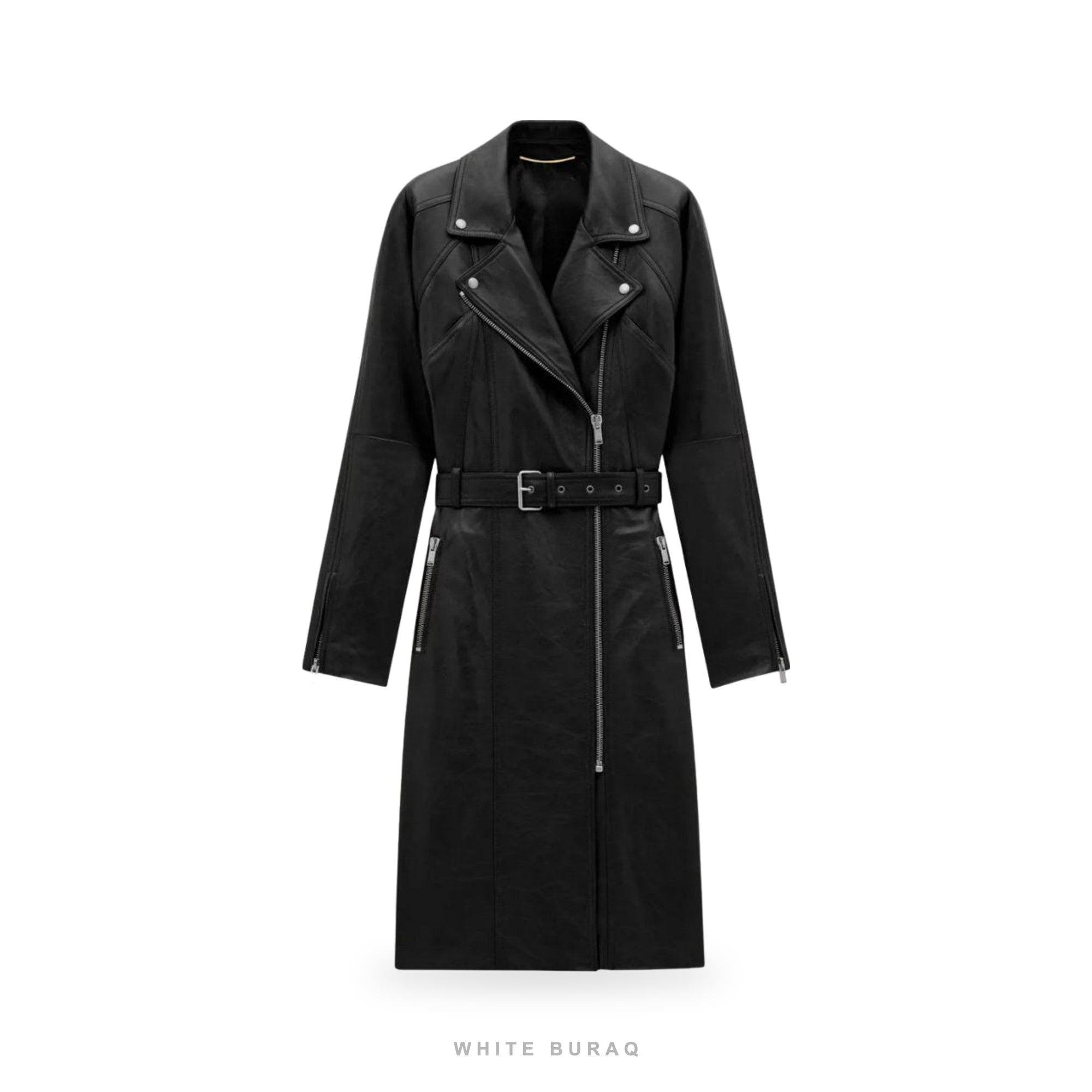 Women's Black Sheepskin Belted Biker Trench Coat
