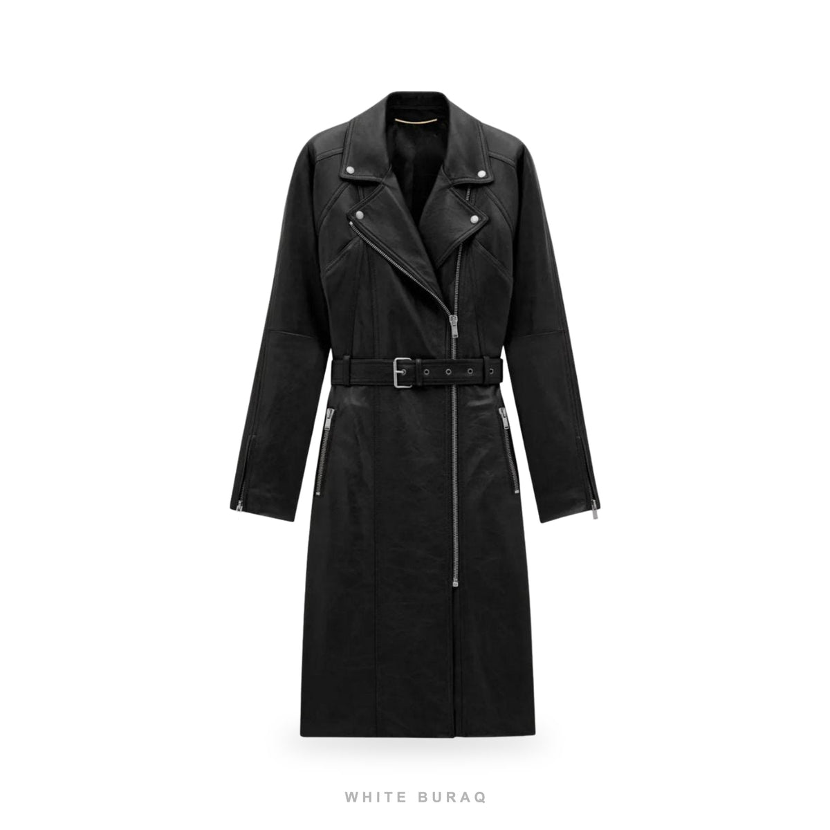 Women's Black Sheepskin Belted Biker Trench Coat