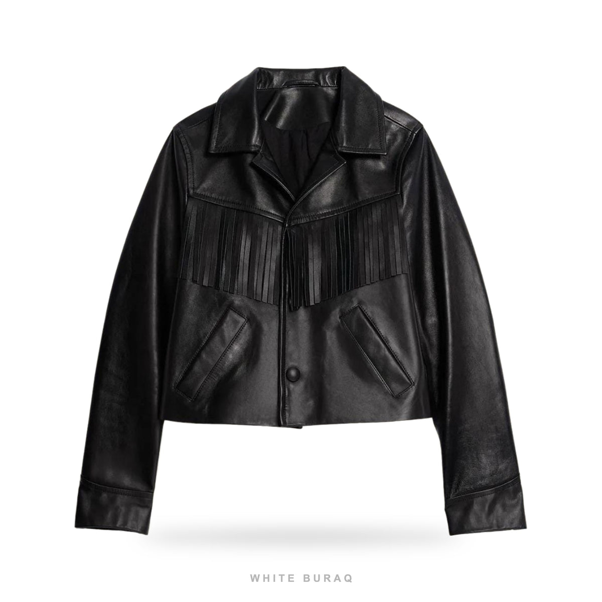 Women's Black Leather Fringe Cropped Jacket
