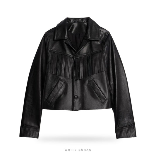 Women's Black Leather Fringe Cropped Jacket