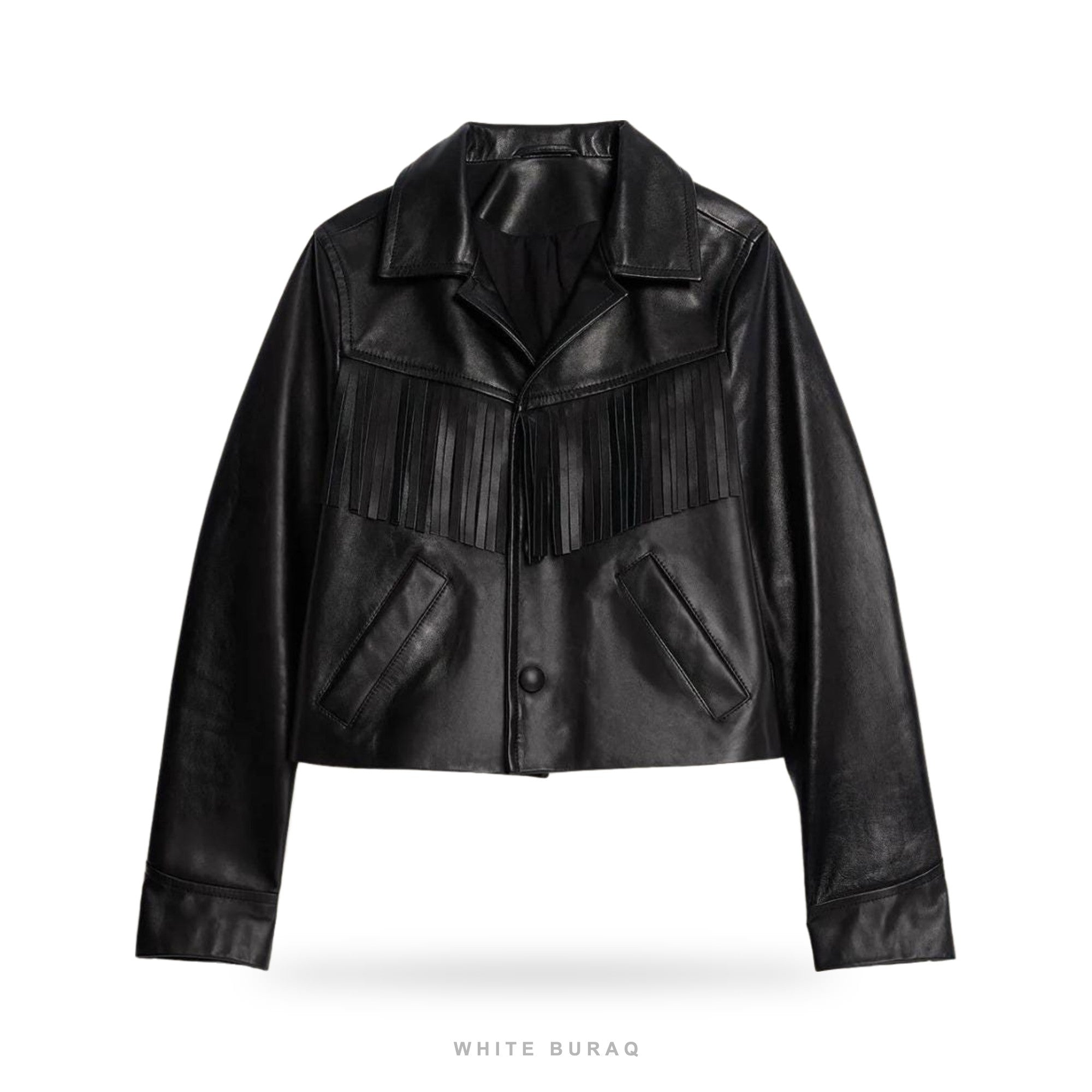 Women's Black Leather Fringe Cropped Jacket – view 3