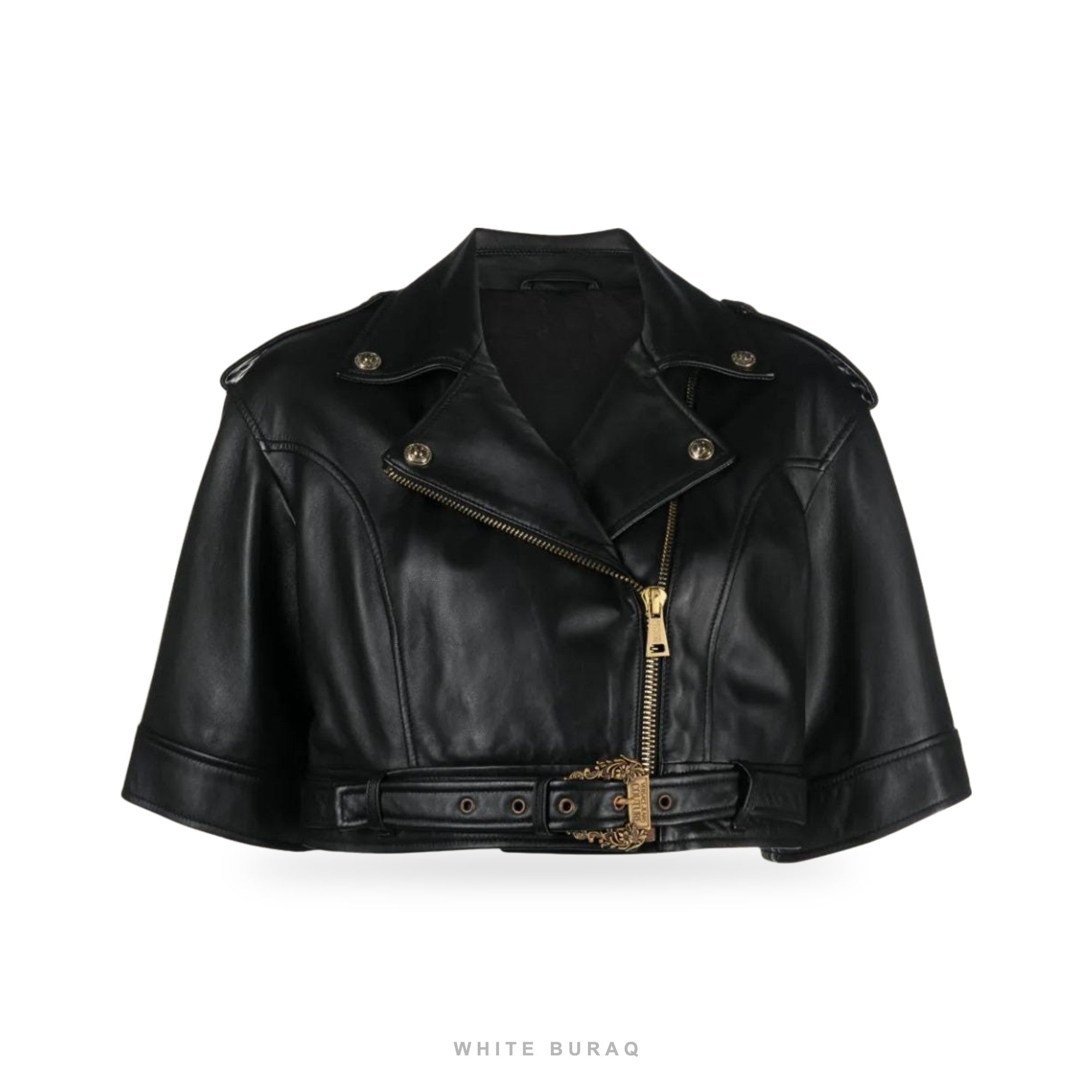 Women's Black Cropped Short-Sleeve Moto Jacket with Gold Buckle