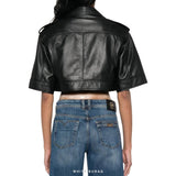 Women's Black Cropped Short-Sleeve Moto Jacket with Gold Buckle – view 2