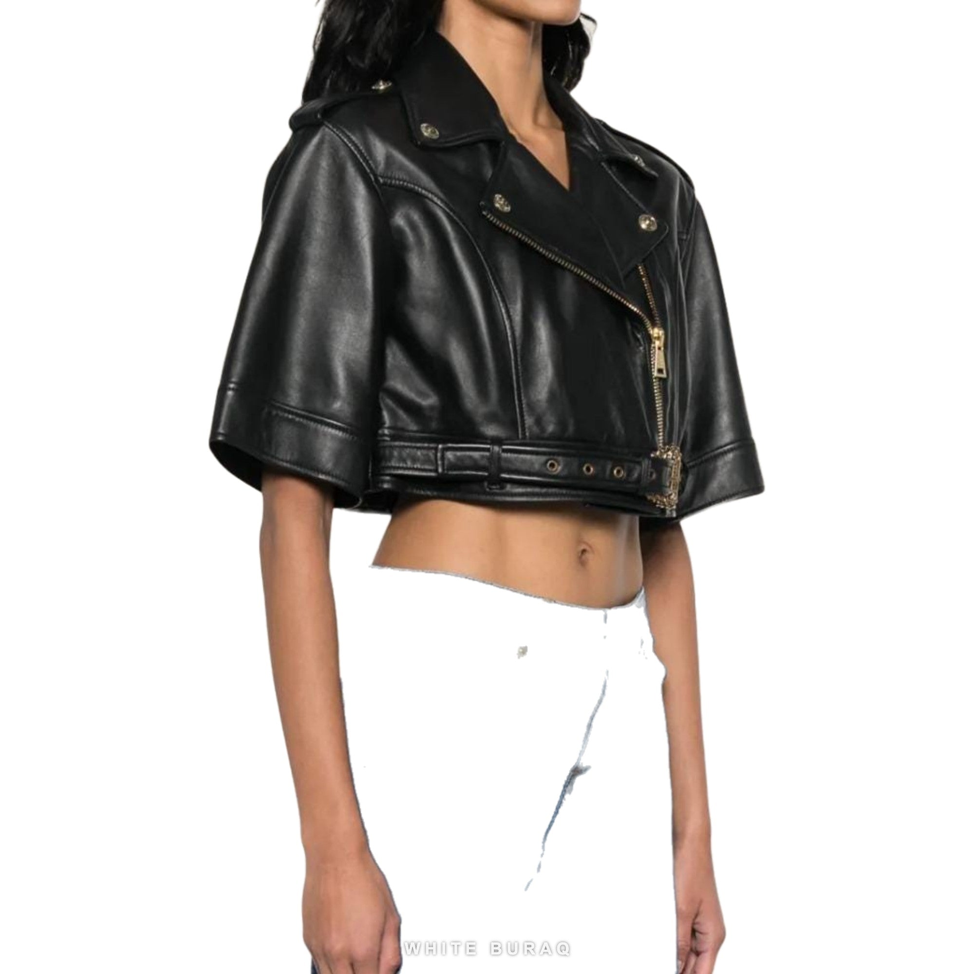 Women's Black Cropped Short-Sleeve Moto Jacket with Gold Buckle – view 3