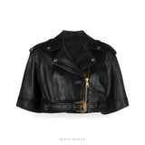 Women's Black Cropped Short-Sleeve Moto Jacket with Gold Buckle – view 4