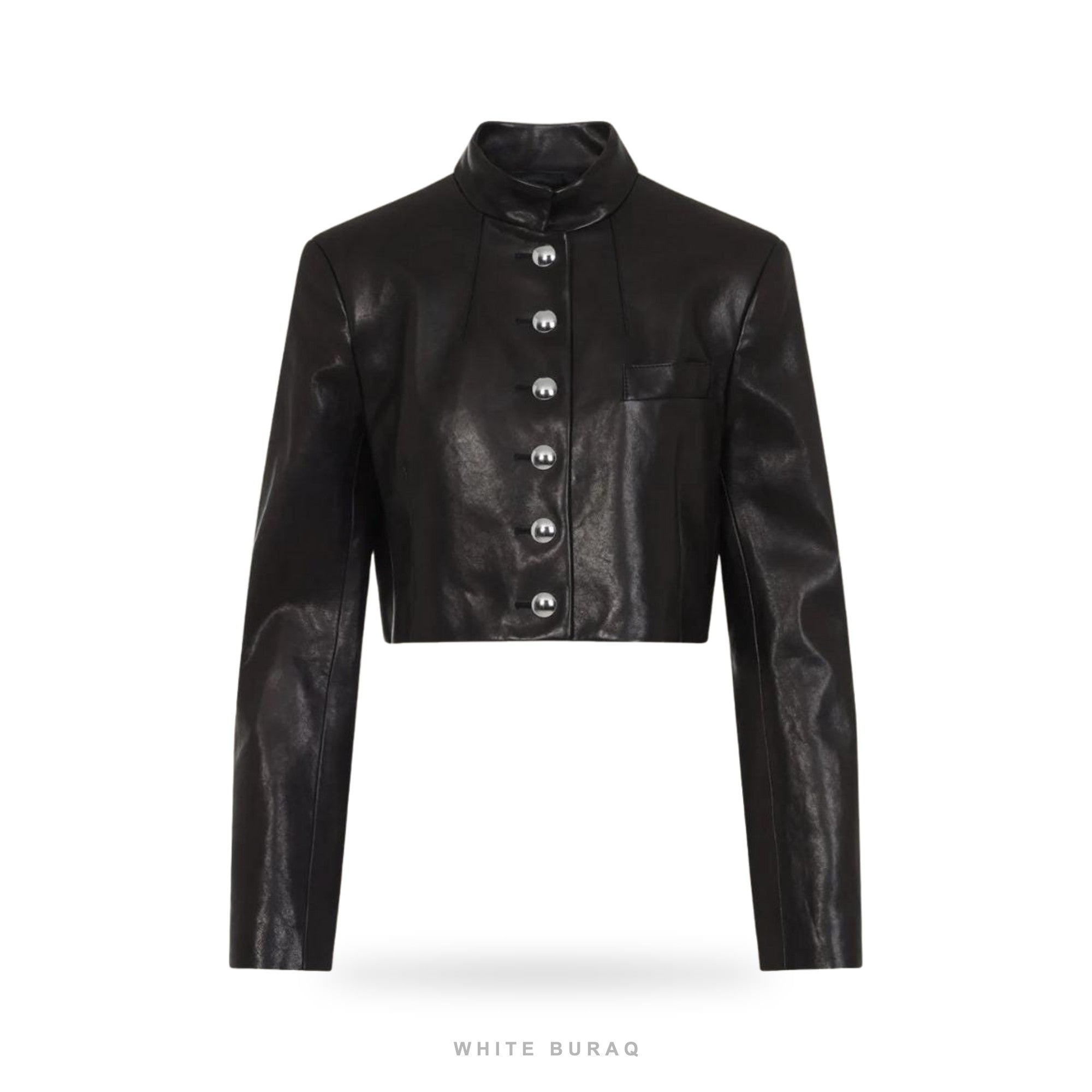 Women's Black Leather Mandarin-Collar Cropped Jacket – view 3
