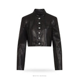Women's Black Leather Mandarin-Collar Cropped Jacket – view 3